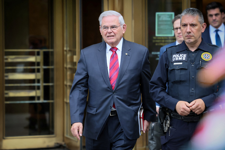 Senator Bob Menendez exits federal court in New York following the first day of his bribery trial.