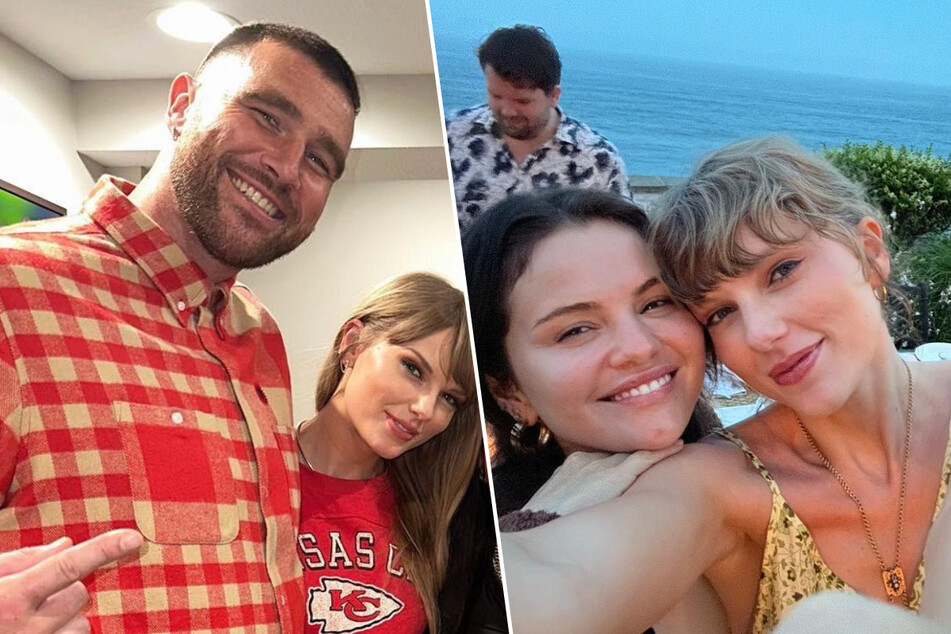 Selena Gomez (second from r) is reportedly "concerned" about Taylor Swift's high-profile romance with Travis Kelce and the "media frenzy" surrounding it.