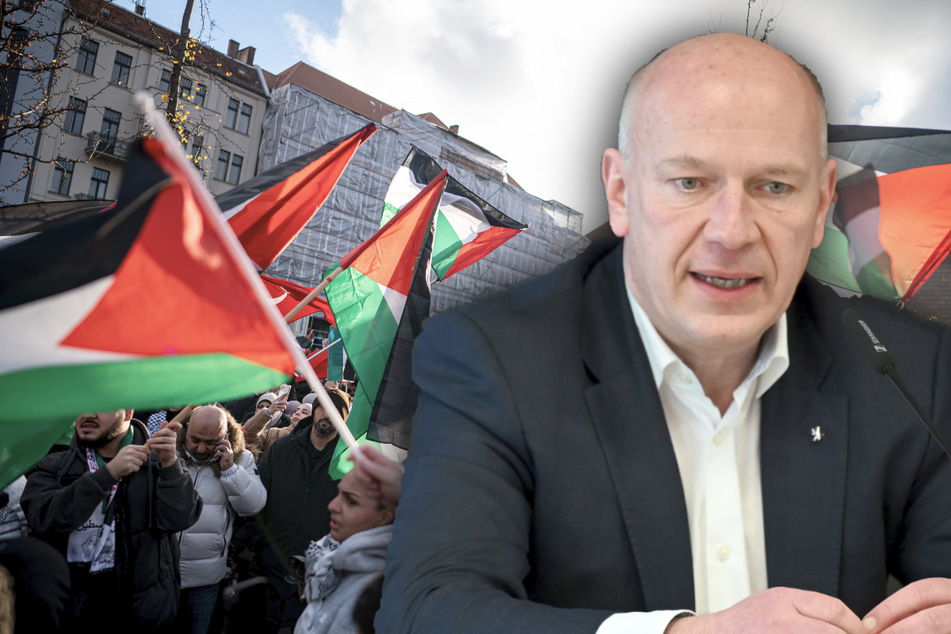 Bürgermeister Kai Wegner (51, CDU) kündigte beim Palästina-Kongress ein konsequentes Vorgehen der Polizei an. (Bildmontage)