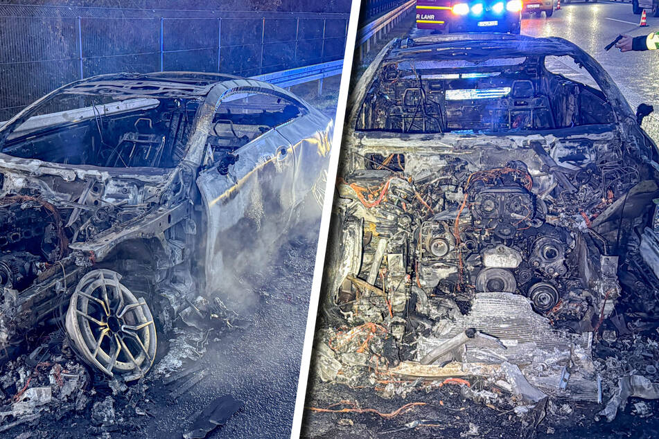 Unfall A5: Übrig bleibt nicht mehr als ein Gerippe: Mercedes geht mitten auf A5 in Flammen auf