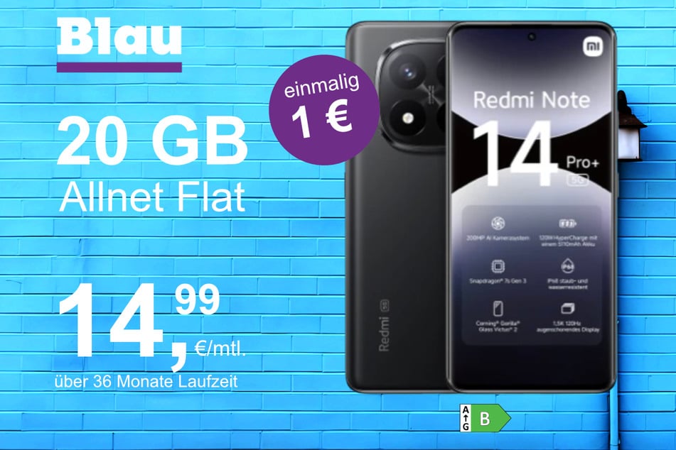 Das Xiaomi Redmi Note 14 Pro Plus im Blau Allnet M für einmalig 1 Euro.