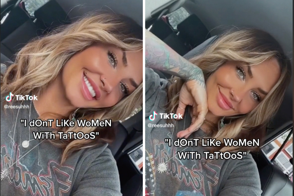 A tattooed TikTok user shares a sarcastic messaged with those who don't like her tattooed look.