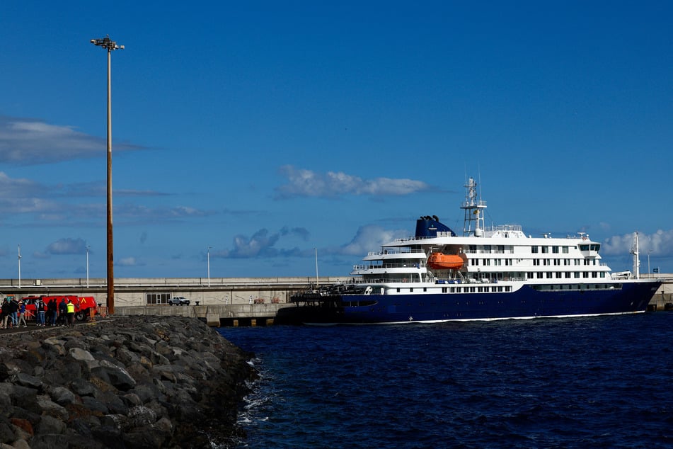 The cruise ship MV Hondius, affected by a hantavirus outbreak, docks at the port of Granadilla de Abona, Tenerife, Spain, on May 11, 2026.