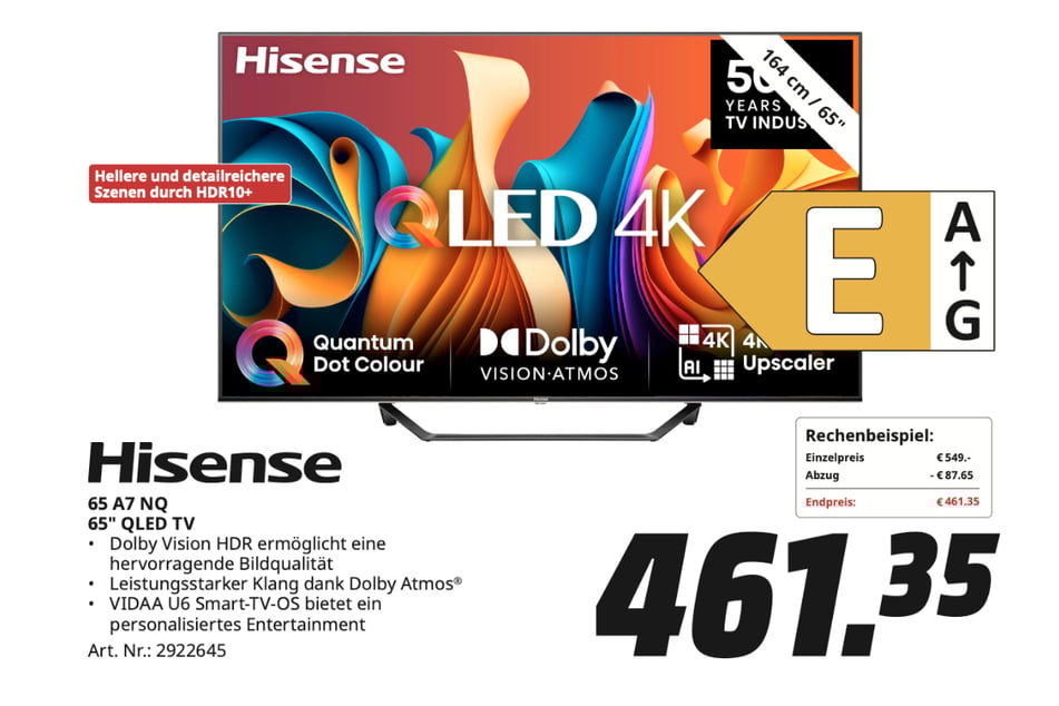 Hisense-Fernseher 65A7NQ für 461,35 Euro.