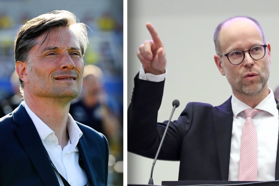 Wollen den Vogelwald für die Expansion des kommerziellen Fußballs und die Kleinmesse opfern: Leipzigs linker Umwelt-Bürgermeister Heiko Rosenthal (51, l.) und Wirtschaftsbürgermeister Clemens Schülke (51, CDU).