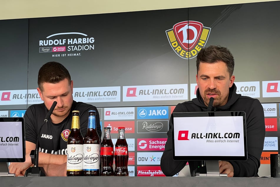 Dynamos Cheftrainer Thomas Stamm (41, r.) spricht über die Personalsituation seiner Mannschaft.