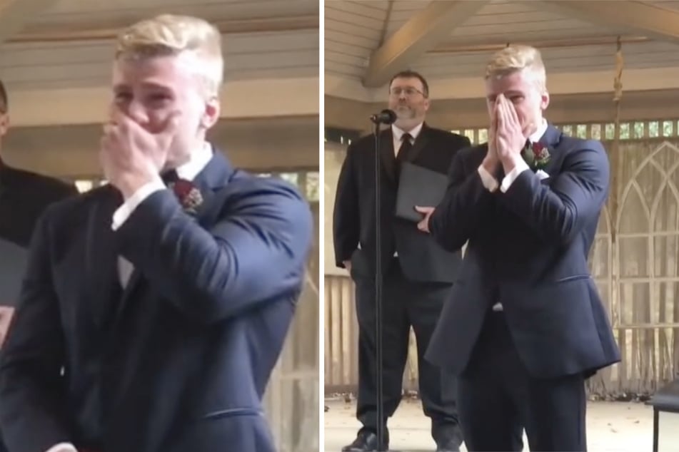 Joe LaCerra obviously can't believe his luck: Even before his bride arrives at his side, he begins to cry.