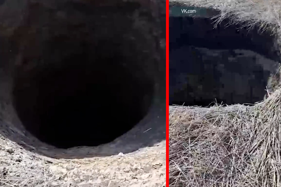 In Russland wurde auf einem Feld ein tiefes Loch entdeckt.