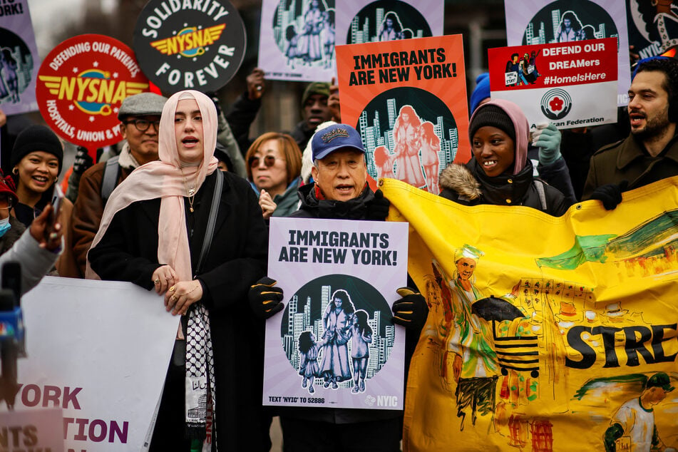 Immigrants and allies protest against Donald Trump's threatened mass detentions and deportations in New York City on January 18, 2025.