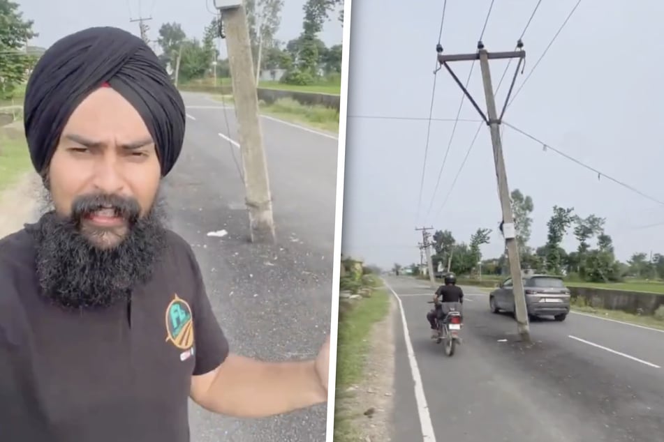 Pylônes électriques au milieu de la route - un défi pour l'homme et la machine.