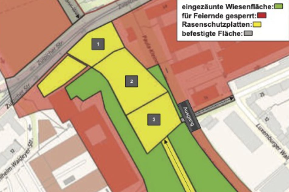 Während die Jecken zum Sessionsauftakt noch alle gelben Flächen nutzen dürfen, fällt schon zum Straßenkarneval Fläche drei weg.