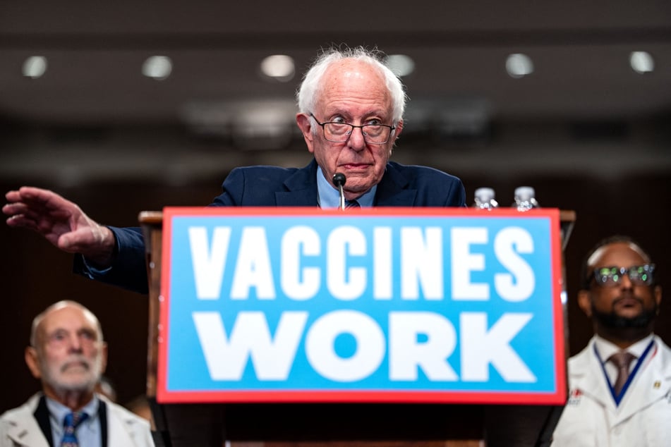 Senator Bernie Sanders, along with doctors and public health experts, speaks during a news conference on vaccine safety and efficacy on Capitol Hill on September 9, 2025.