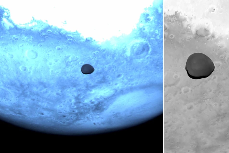 On the way to investigate the scene of a historic asteroid collision, a spacecraft swung by Mars and captured rare images of the red planet's small moon Deimos.