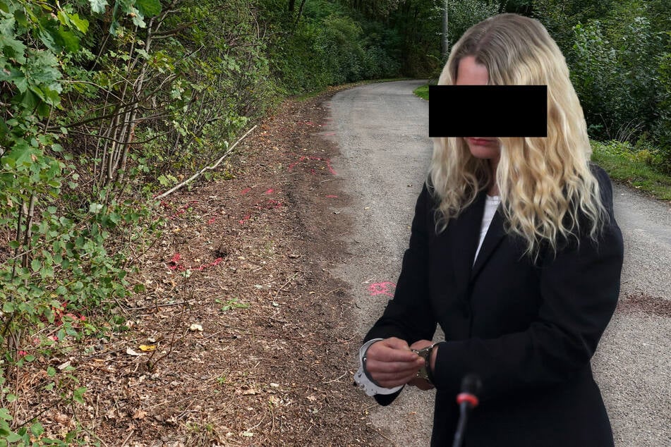 Die Angeklagte Ramona B. (52) wirft ihrem Mitangeklagten vor, ihren Ehemann 2024 auf dem Kobitzscher Weg überfahren zu haben.