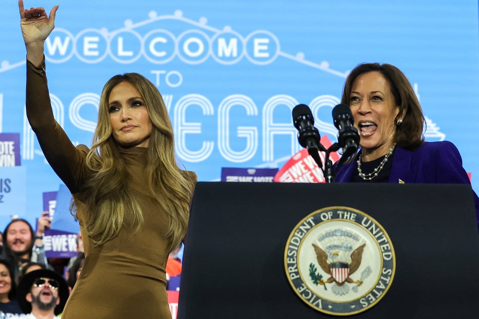 Jennifer Lopez (l.) praised Kamala Harris' policies as she campaigned for the vice president in Las Vegas.