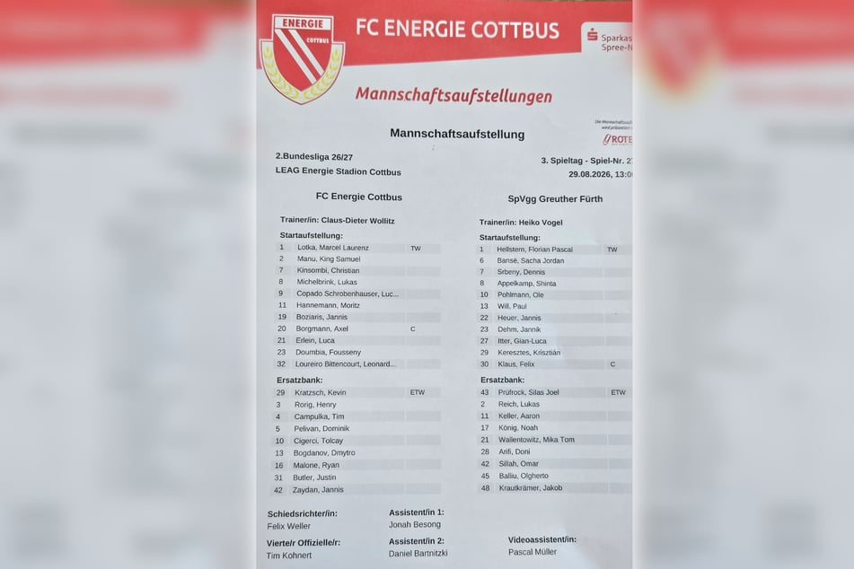 Mit zwei Änderungen startet Cottbus gegen Fürth.