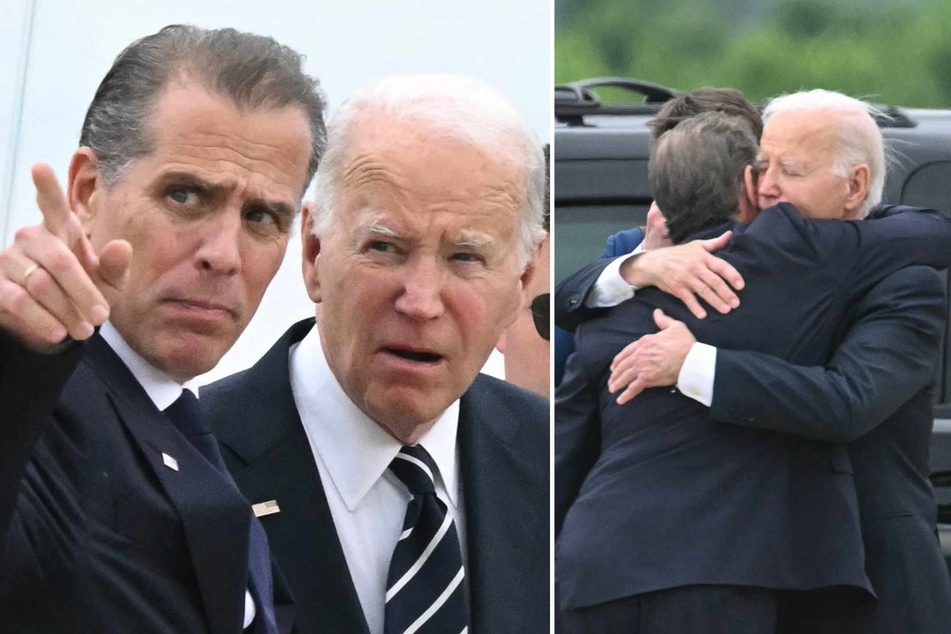 President Joe Biden (r.) hugs his son Hunter Biden (c.) upon arrival at Delaware Air National Guard Base in New Castle, Delaware, on Tuesday as he travels to Wilmington, Delaware.