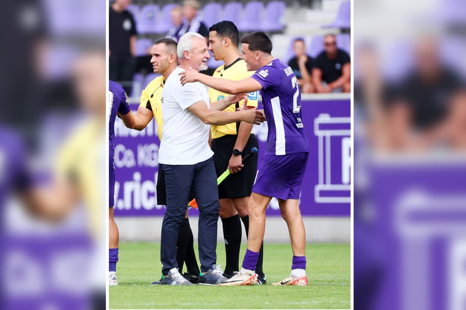 Aue-Coach Pavel Dotchev (59) hält große Stücke auf Maxim Burghardt (19, r.).