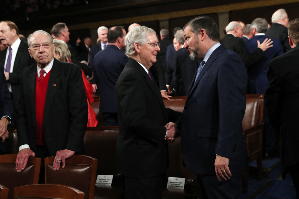 Texas Senator Ted Cruz (r.) remained coy when asked whether Mitch McConnell (c.) is still capable of serving as minority leader.