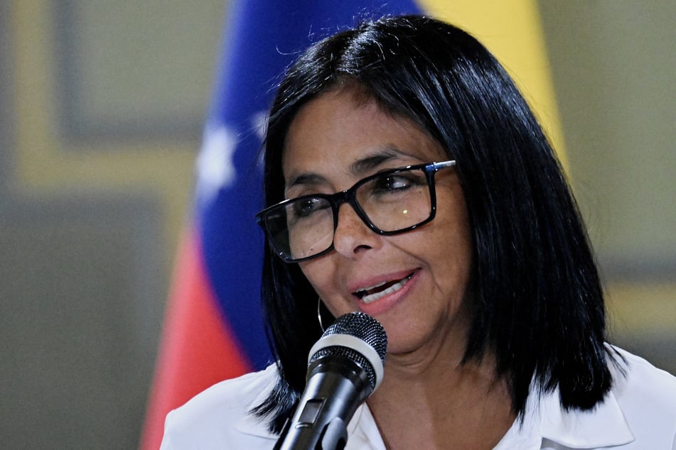 Interim President Delcy Rodriguez speaks during a press conference after a signing of an agreement ceremony between Chevron Venezuela and the national government at the Miraflores Palace in Caracas on April 13, 2026.