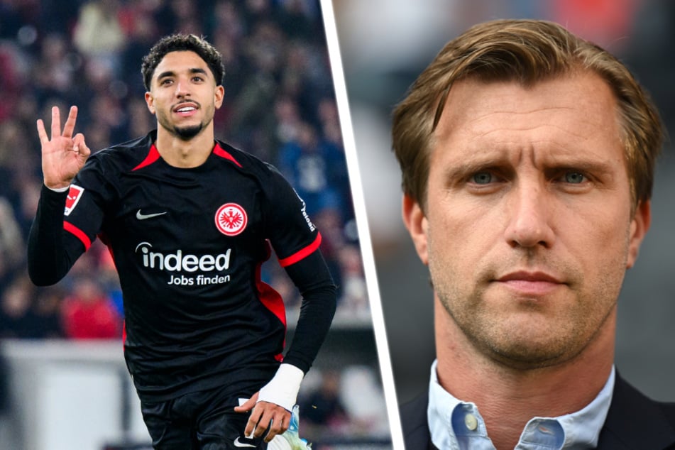 Omar Marmoush (25, l.) entpuppt sich immer mehr als Eintracht Frankfurts Lebensversicherung. Sportvorstand Markus Krösche (43) bremst indes ein wenig die Erwartungen.