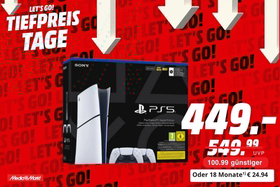 Sony PlayStation 5 (Slim, Digital Edition) für 449 statt 549,99 Euro.