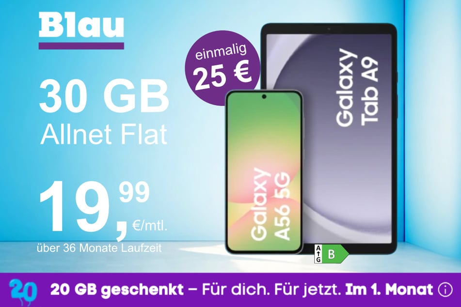 Das Samsung Galaxy A56 + Tab A9 im Blau Allnet L für einmalig 25 Euro.