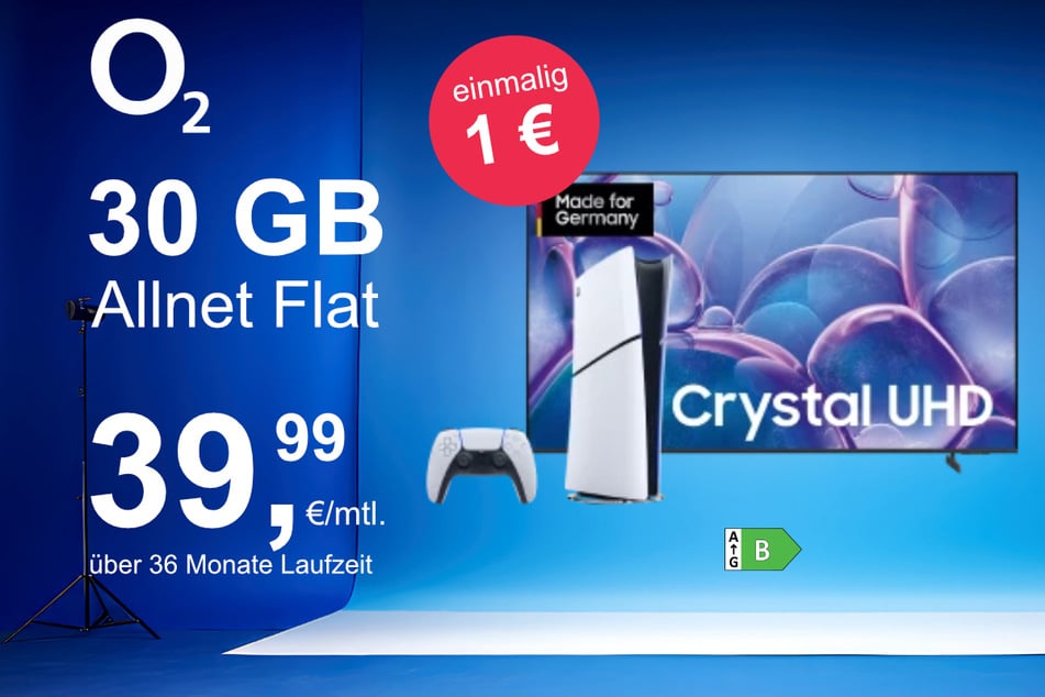 Der 65-Zoll Samsung TV (GU65U7079FUXZG) + PS5 Digital-Edition im o2 Mobile M für einmalig nur 1 Euro.
