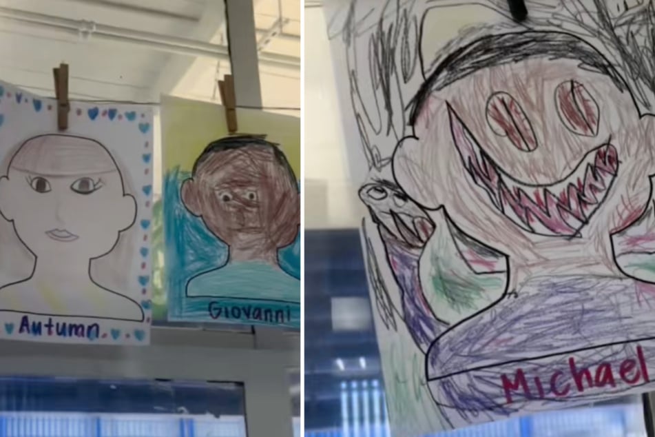 Michaels Zeichnung (rechts im Bild) fällt im Vergleich zu den Porträts der anderen Kinder (links) schon auf.