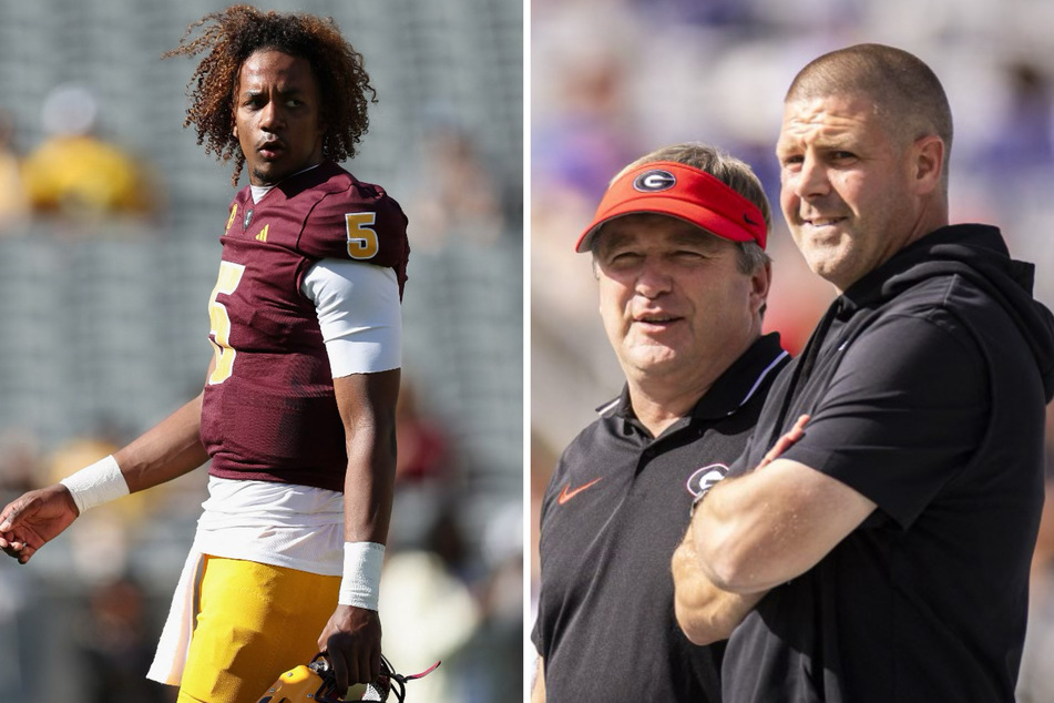 Georgia quarterback Jaden Rashada (l.) is suing Florida head coach Billy Napier (r.), Marcus Castro-Walker, and a prominent Gators boosters for NIL fraud.