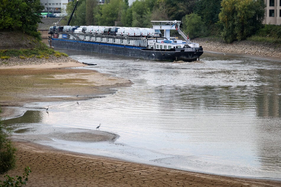 Das Frachtschiff, welches seit Tagen im Düsseldorfer Hafen liegt, wagt einen zweiten Versuch, um in den Rhein zu fahren.