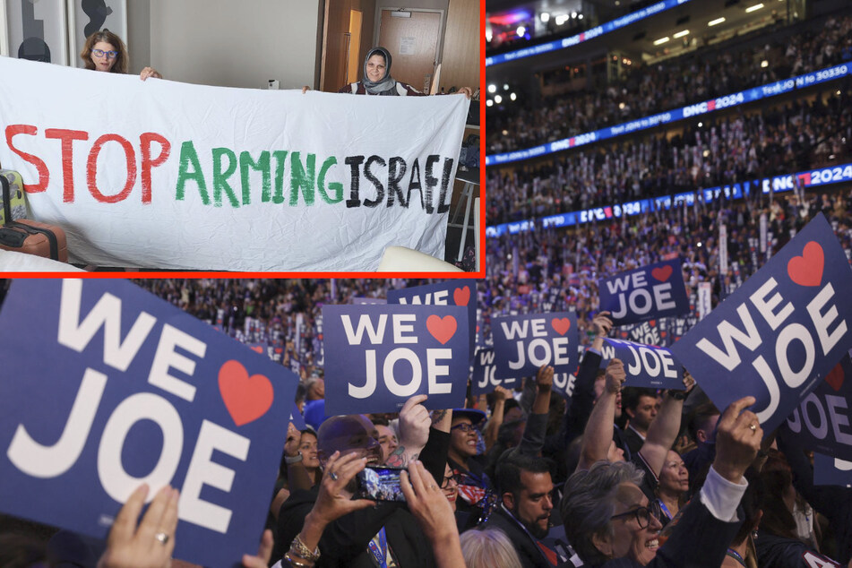 Protesters received aggressive responses from fellow Democratic National Convention attendees after raising a "Stop Arming Israel" banner (top left) during President Joe Biden's speech.