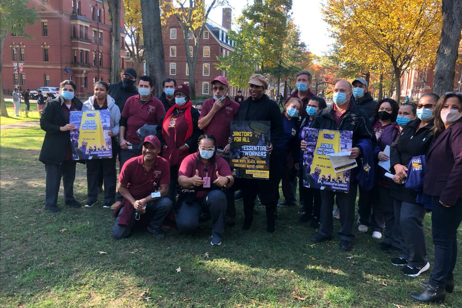 Massachusetts Rep. Ayanna Pressley and other organizers held a Raise the Wage rally in the Harvard Yard for the university's custodial and security workers.