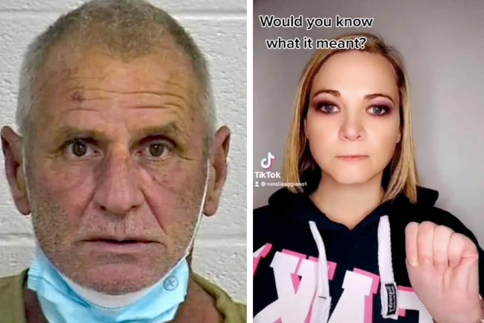 James Herbet Brick (l.) was arrested for abducting a teen, who was rescued after signing a distress signal made popular in TikTok videos (r.)