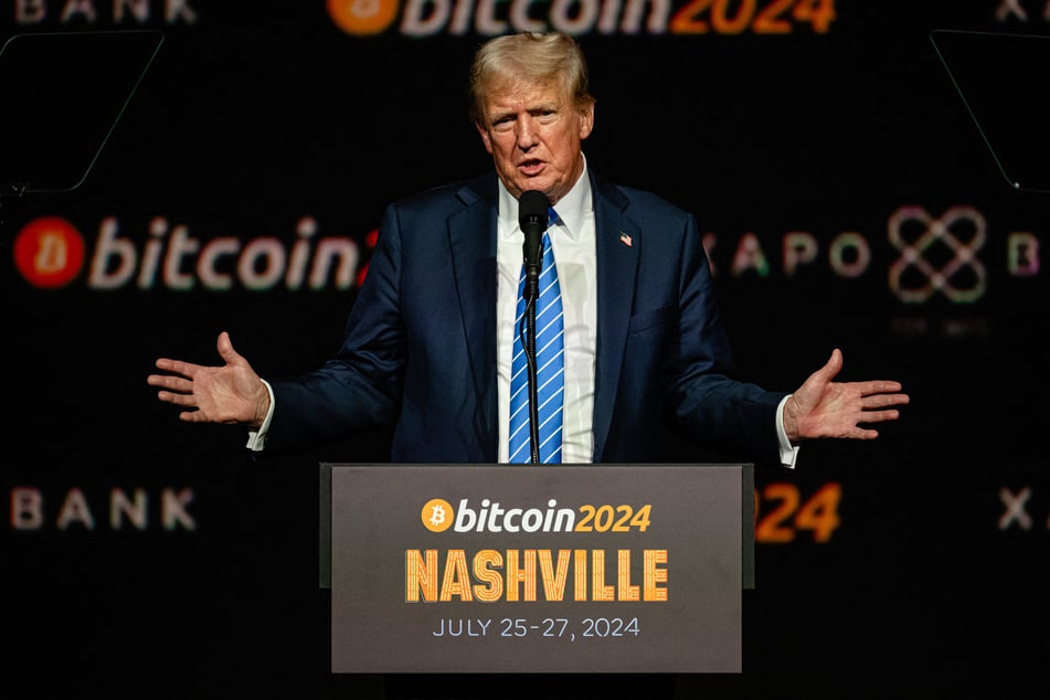 Donald Trump gestures while giving a keynote speech on the third day of the Bitcoin 2024 conference at Music City Center July 27, 2024, in Nashville, Tennessee.