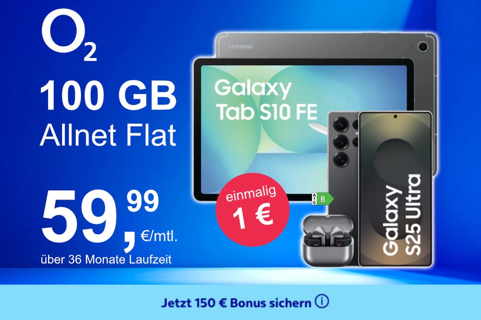 Bei o2 gibt's jetzt das Samsung Galaxy S25 Ultra inkl. Buds und Tablet im Bundle jetzt exklusiv für nur 1 Euro.