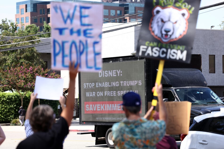 A PCCC billboard truck urges Disney "Don't Be Trump's Censor, Bring Back Kimmel" on September 19, 2025, in Burbank, California.