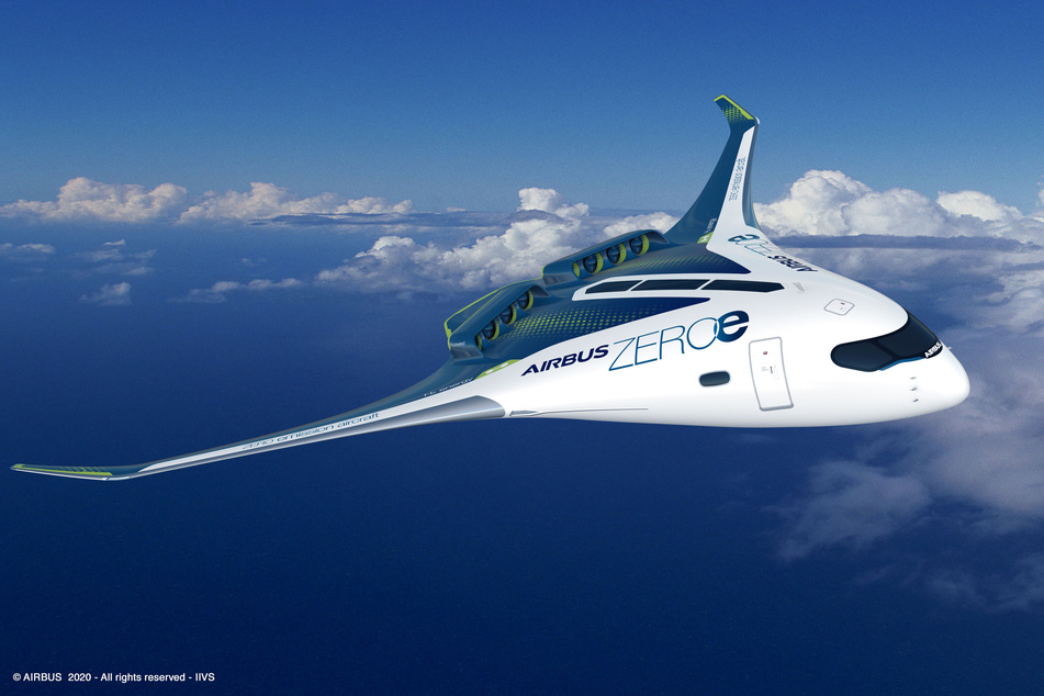 Eine Studie des Luftfahrtkonzerns Airbus für ein Flugzeug mit Wasserstoffantrieb für bis zu 200 Passagiere (grafische Darstellung).