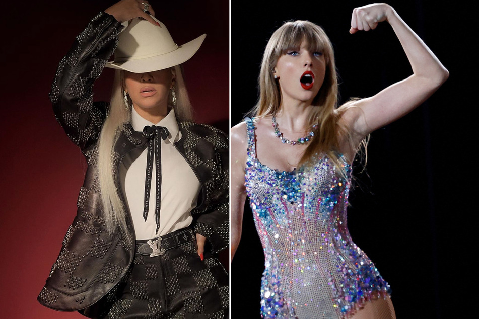 Beyoncé's new country album, Renaissance Act II, has been at the center of fan theories about a potential Taylor Swift (r.) collaboration.