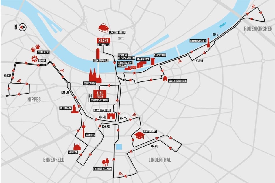 Der Marathon startet in Köln-Deutz auf dem Ottoplatz und endet am Kölner Dom.