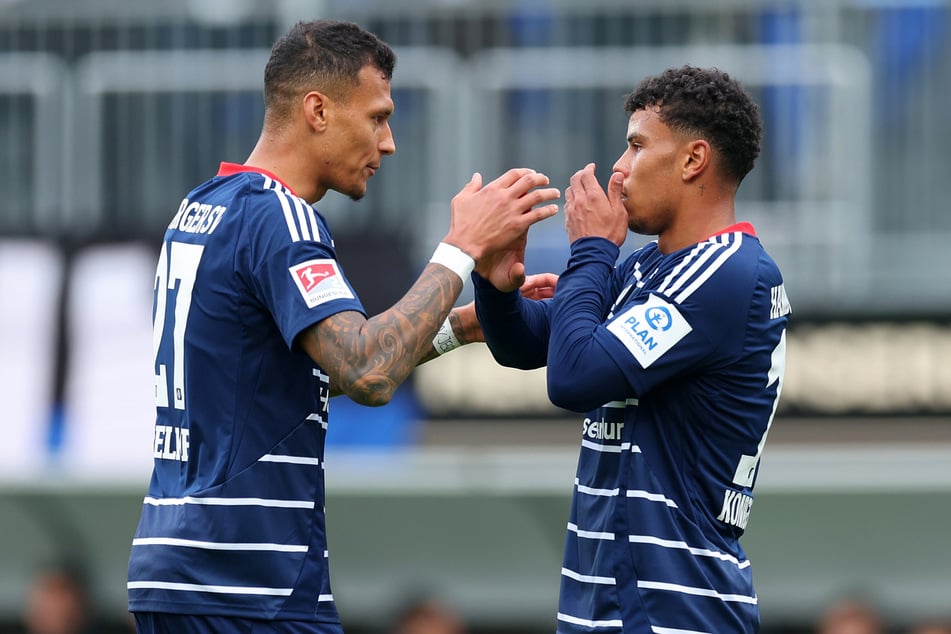 Davie Selke (29, l.) und Ransford Königsdörffer (23) sollten dem HSV am kommenden Samstag gegen Köln zur Verfügung stehen. (Archivfoto)