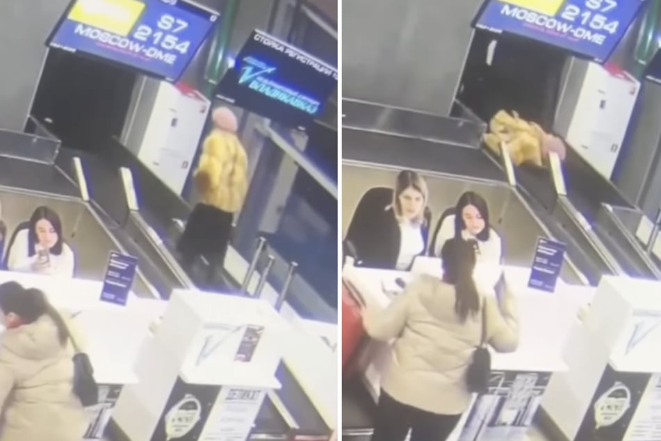 Unnoticed by two female employees, a 74-year-old woman got onto the baggage carousel at an airport in Russia.