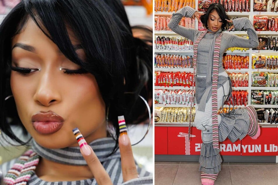 Megan Thee Stallion shows off her long nails with a fab striped French mani in colors that perfectly match her long skinny scarf.