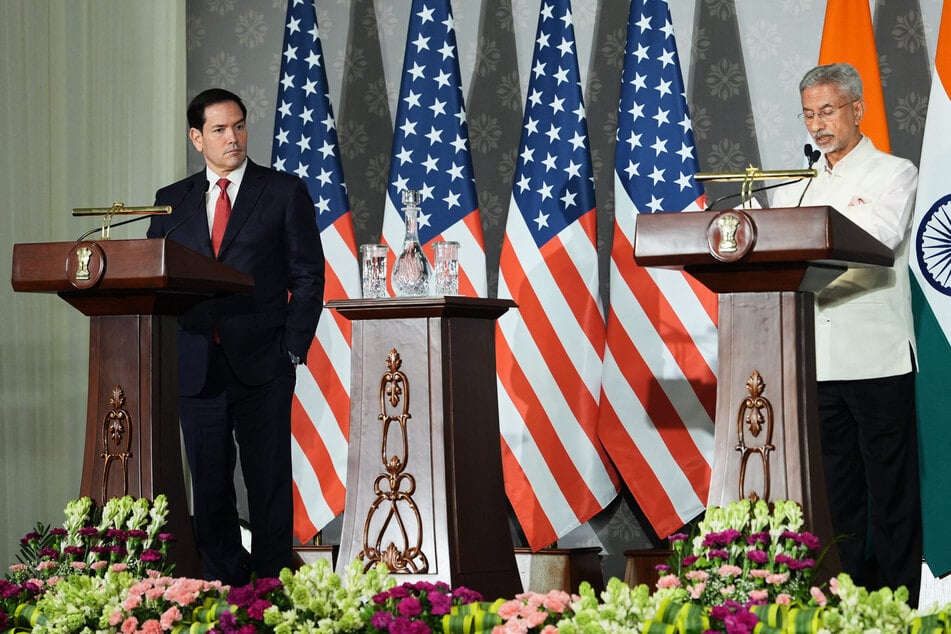 India's Foreign Minister Subrahmanyam Jaishankar (R) and US Secretary of State Marco Rubio (L) address a joint press conference following their meeting at Hyderabad House in New Delhi on Sunday.