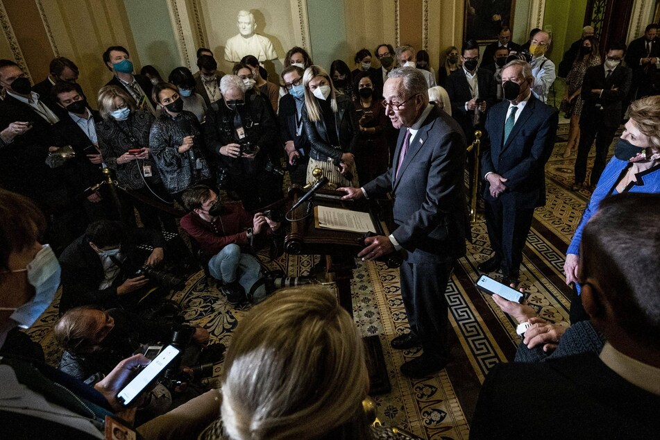 Senate Majority Leader Chuck Schumer speaking at a press conference of the Senate Democratic caucus leadership.