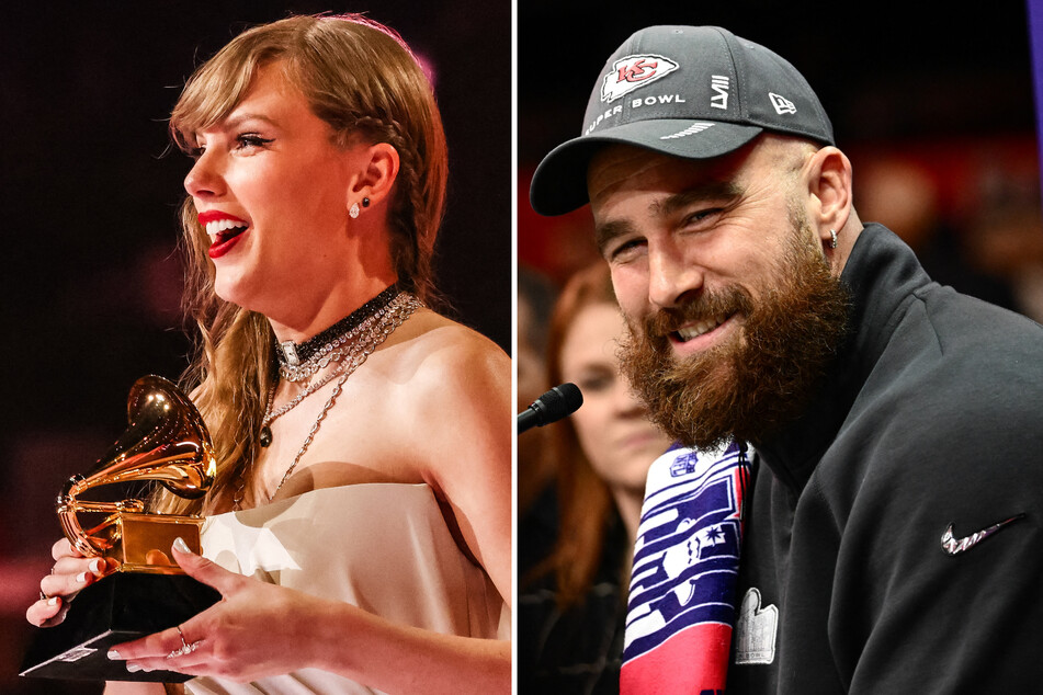 Travis Kelce gushed over Taylor Swift's 2024 Grammy Awards wins as he kicked off press for Super Bowl LVIII.