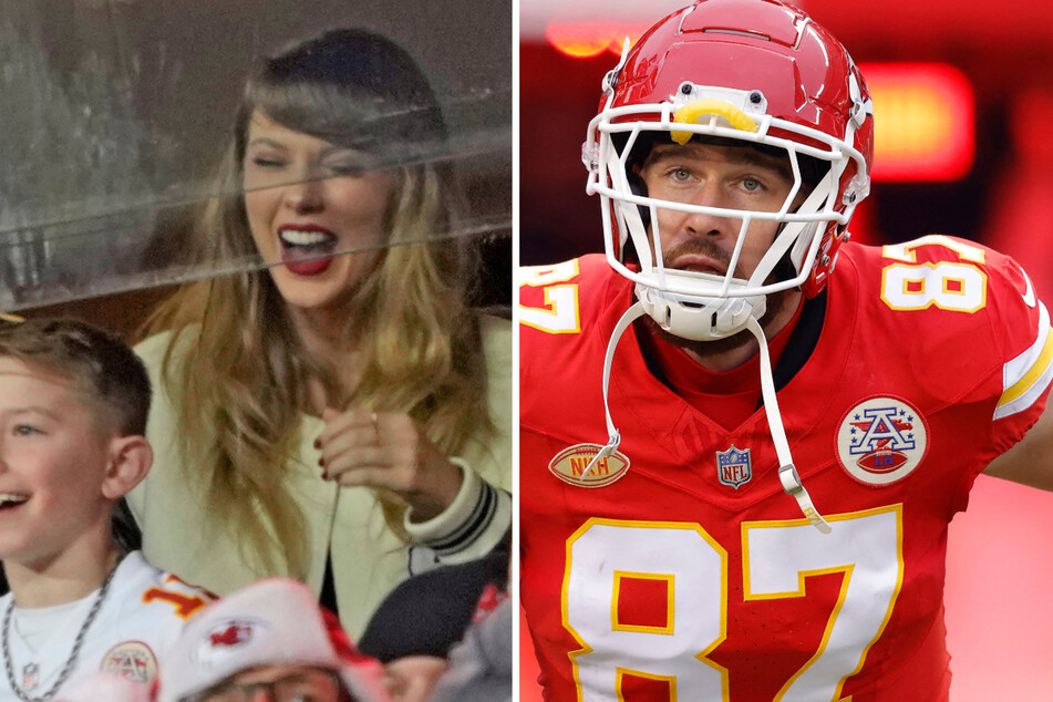 Taylor Swift celebrated New Year's Eve with Travis Kelce, with the pair sharing a kiss at a bar in Kansas City on Sunday night.