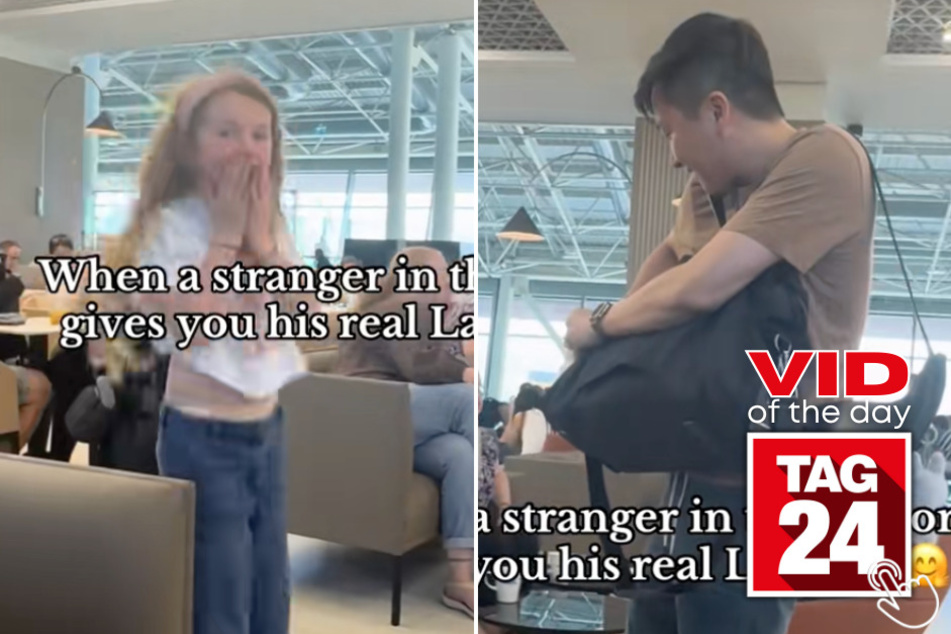 This kind stranger at an airport gave a young girl his own Labubu toy - and her reaction is pure joy!