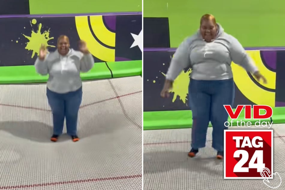 This woman's knees had other plans while she was jumping around at a bounce place!