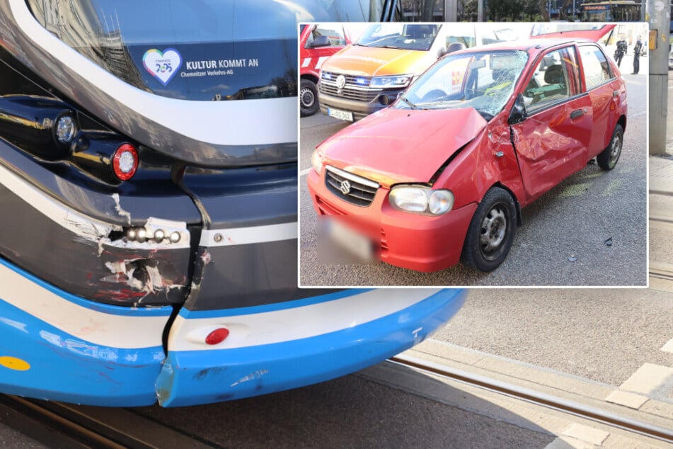 Unfall in Chemnitzer City: Suzuki knallt mit Straßenbahn zusammen